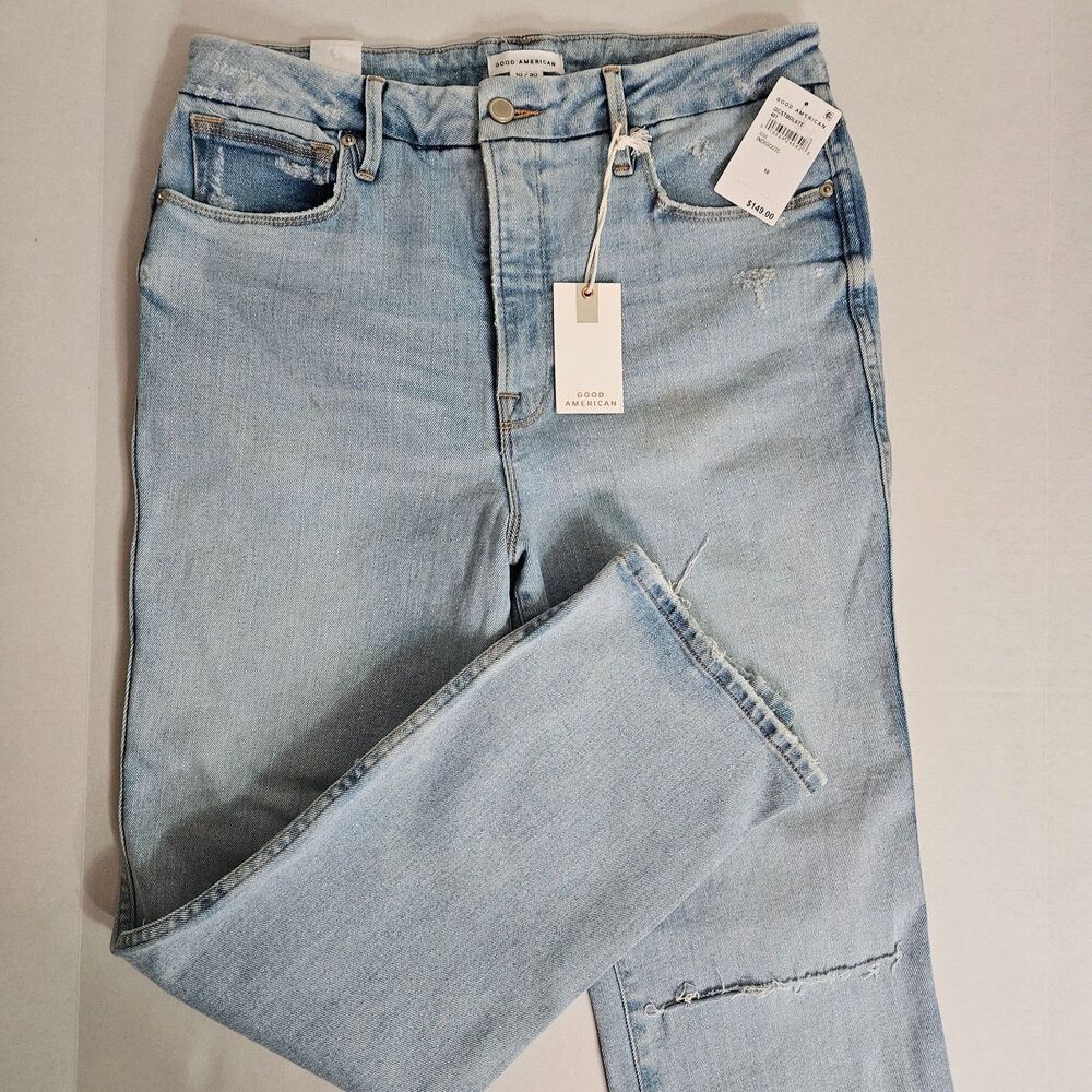 NWT Good American Women's Jeans Good Curve 10/30 Straight Destroyed Ankle Light
